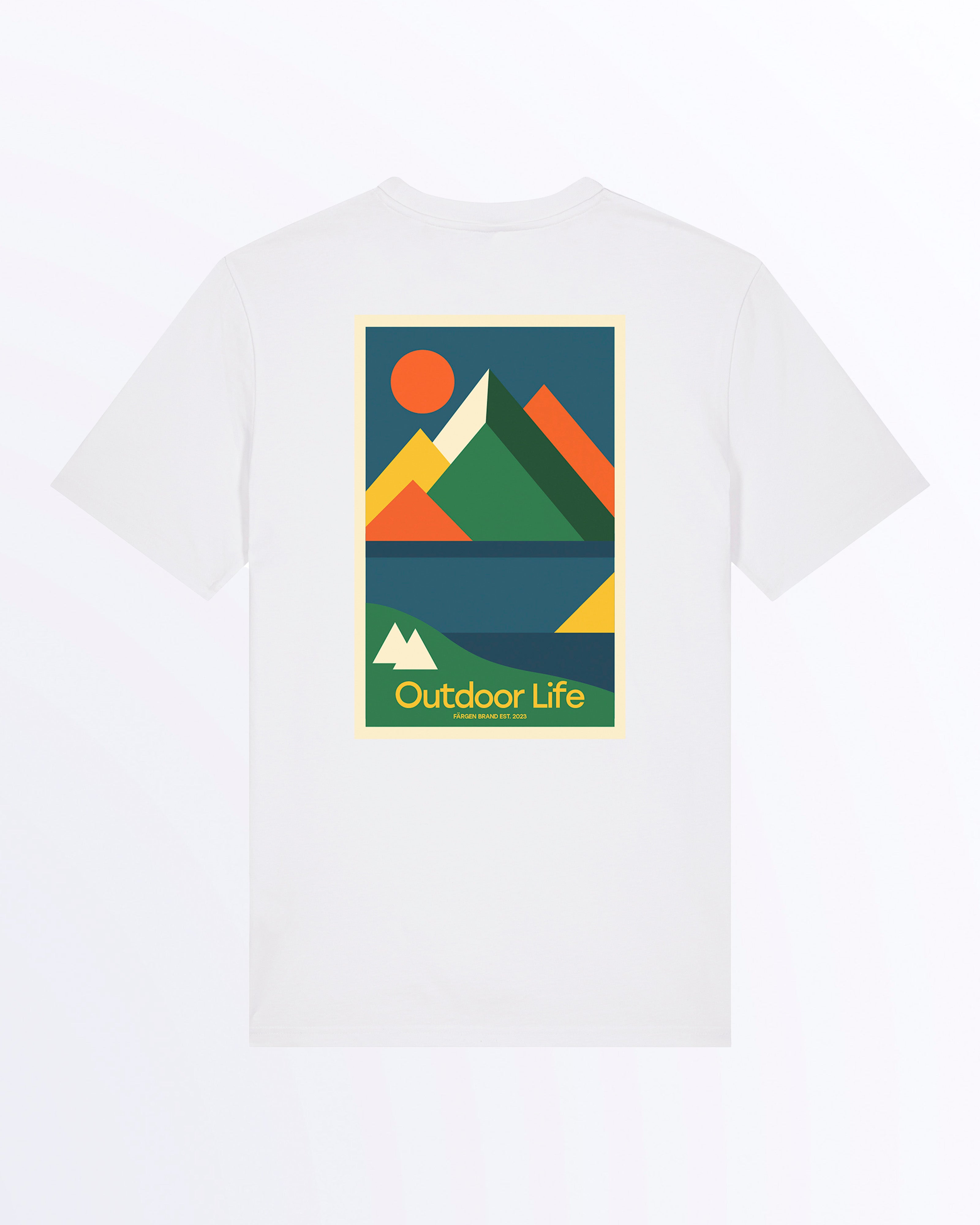 Parte trasera de la camiseta Färgen Outdoor Life con gráfico outdoor minimalista para aventuras al aire libre. Dibujo estilo Bauhaus de Montañas y lagos. Colores Bauhaus.