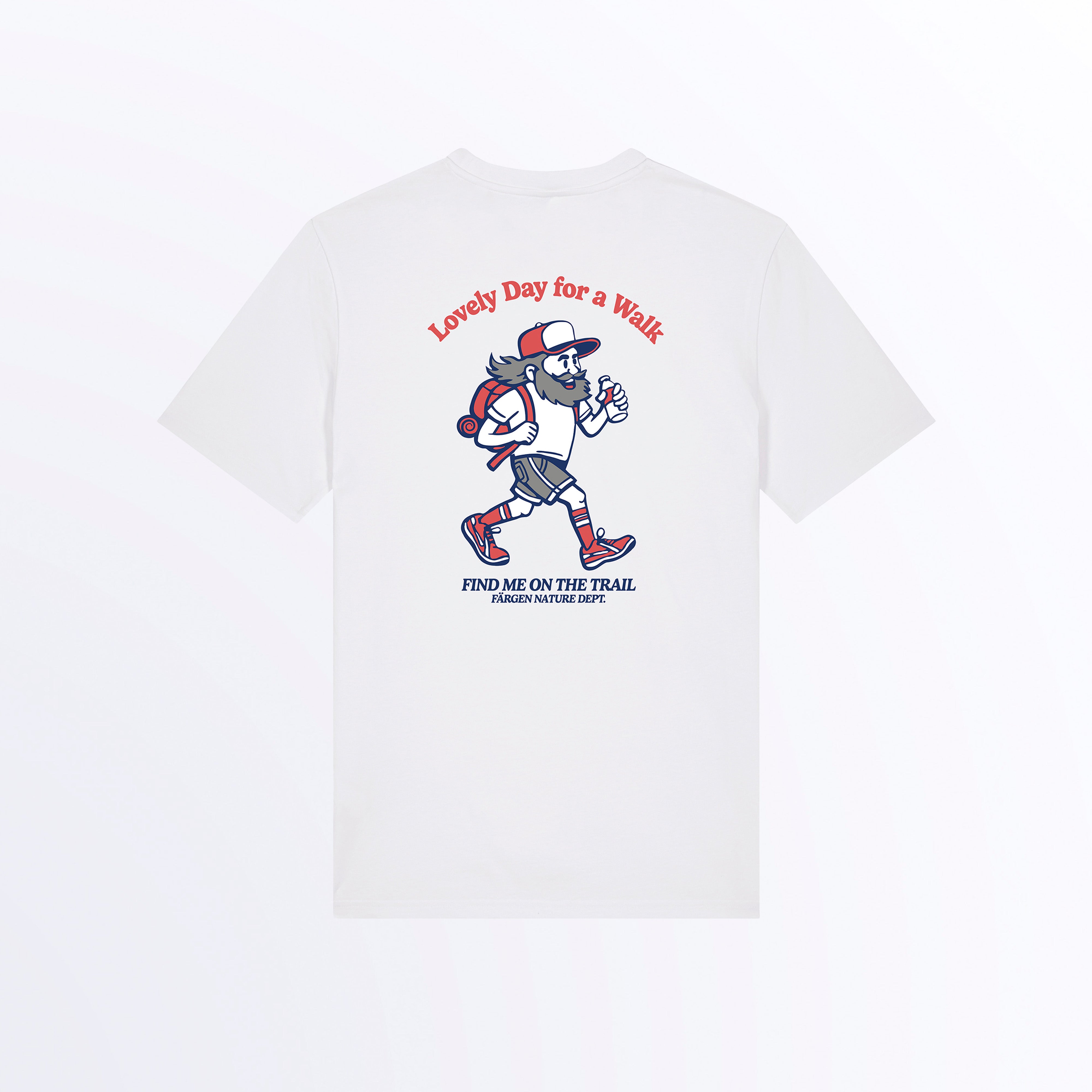 Parte trasera de la camiseta Färgen Lovely Day con gráfico simple y limpio de Johnny Routes, personaje cartoon de Färgen