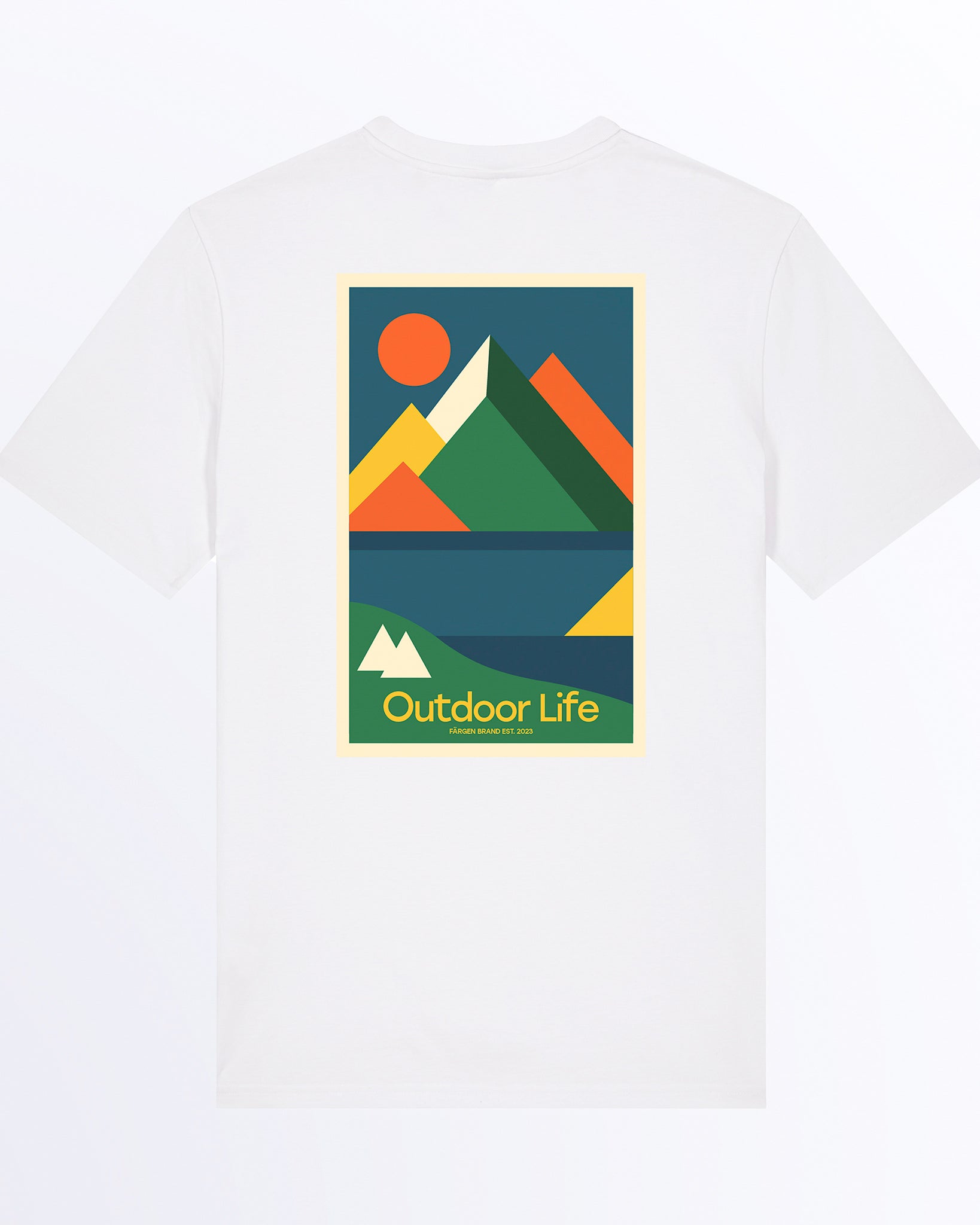 Parte trasera de la camiseta Färgen Outdoor Life con gráfico outdoor minimalista para aventuras al aire libre. Dibujo estilo Bauhaus de Montañas y lagos. Colores Bauhaus.