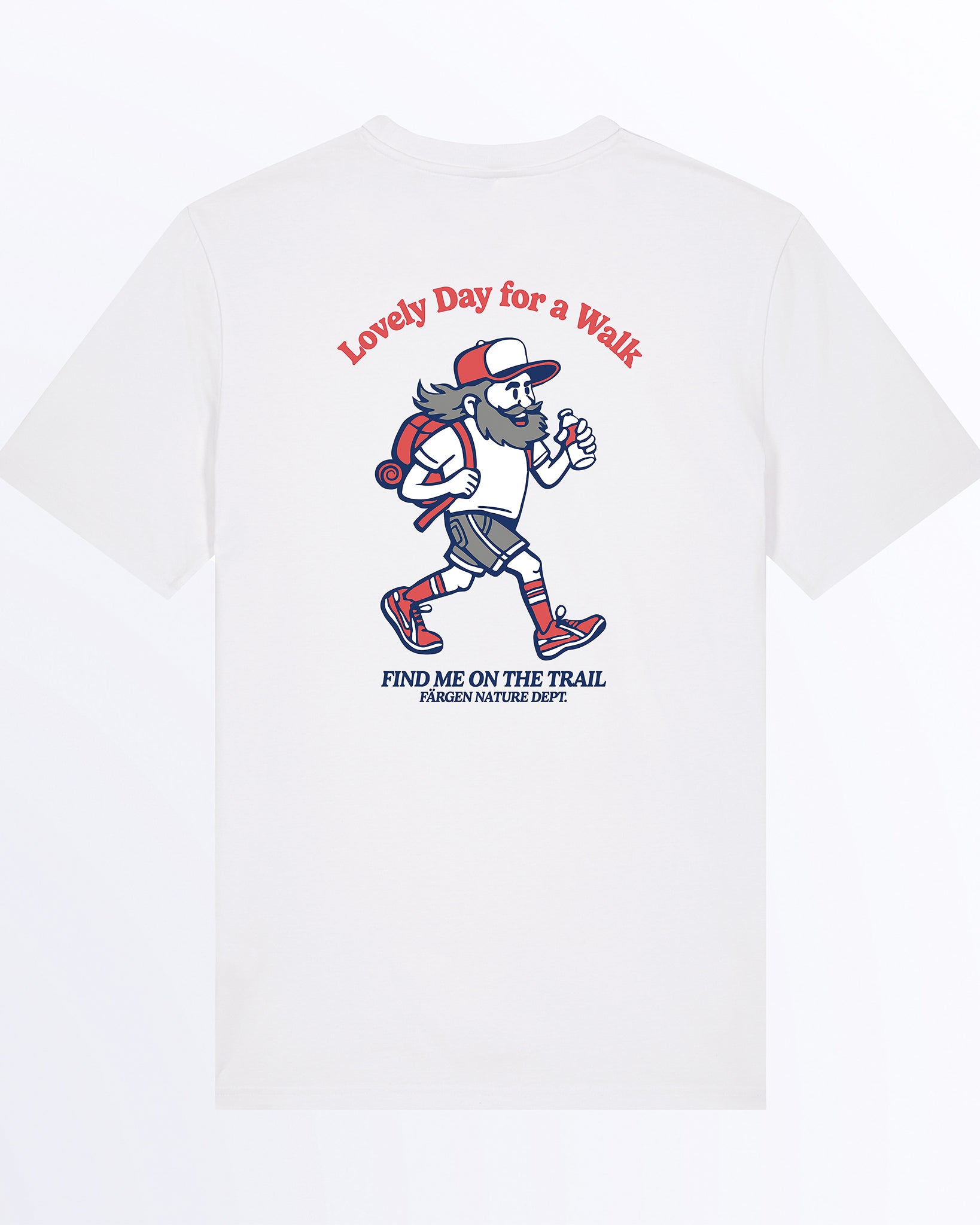 Parte trasera de la camiseta Färgen Lovely Day con gráfico simple y limpio de Johnny Mountains, personaje cartoon de Färgen