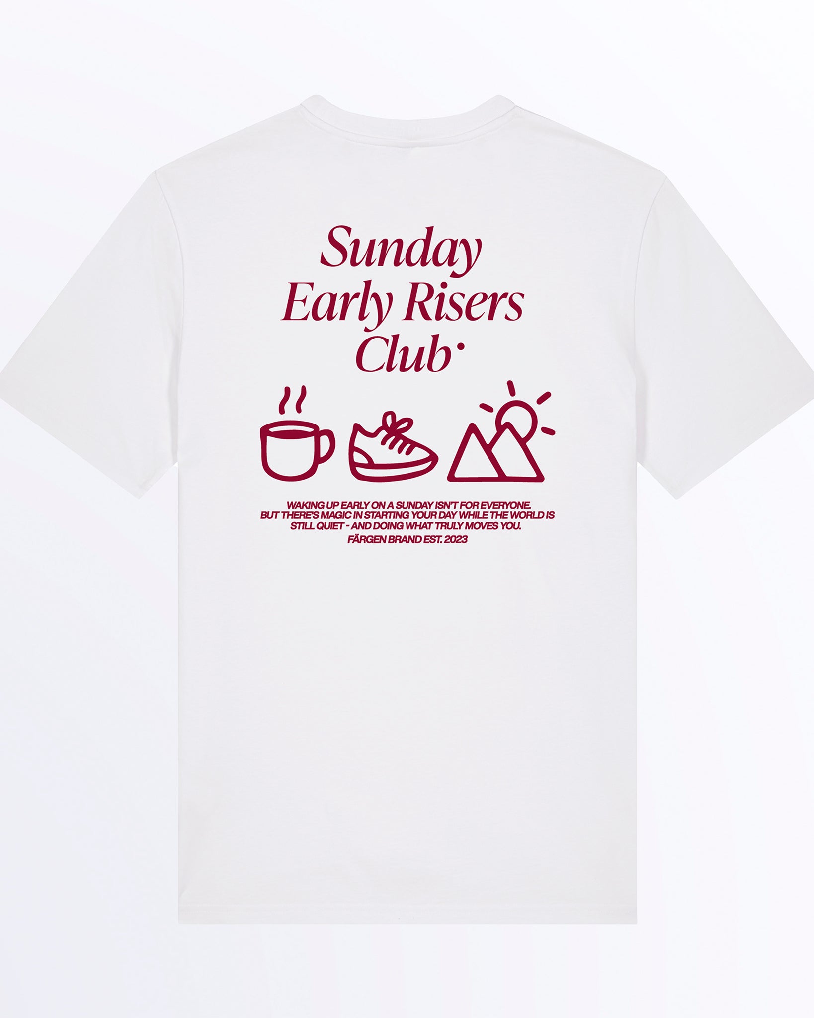 Parte trasera de la camiseta Färgen Sunday Early Risers Club con gráfico limpio y tipografía minimal