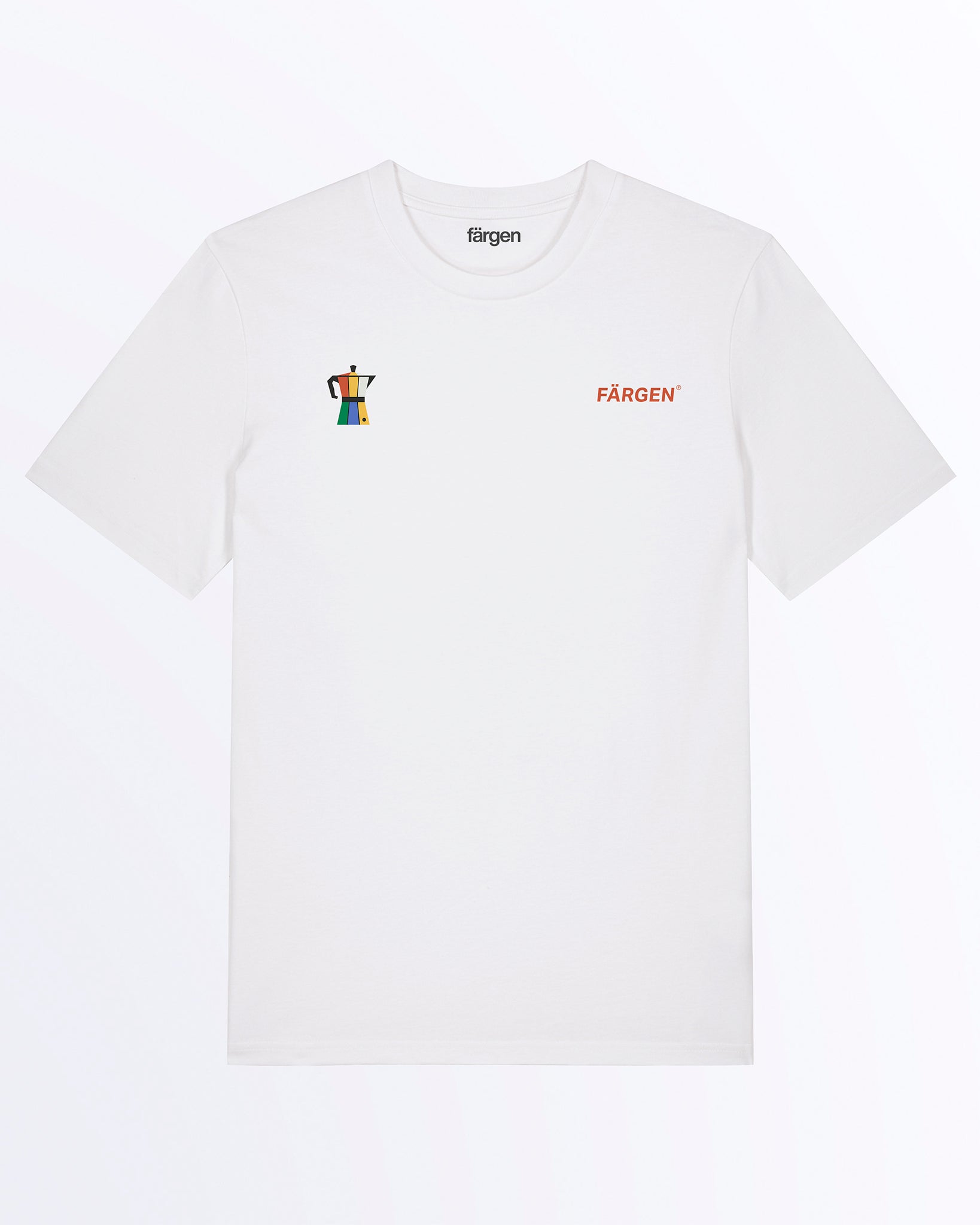 Camiseta blanca Färgen Il Caffè di Casa con logotipo Färgen y cafetera italiana moka de colores en el pecho.
