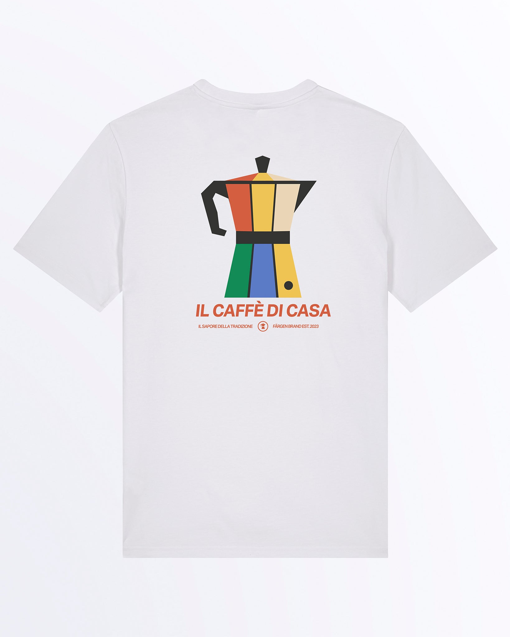 Camiseta blanca Färgen Il Caffè di Casa con ilustración grande de cafetera italiana estilo Bauhaus y texto Il Caffè di Casa en la espalda.