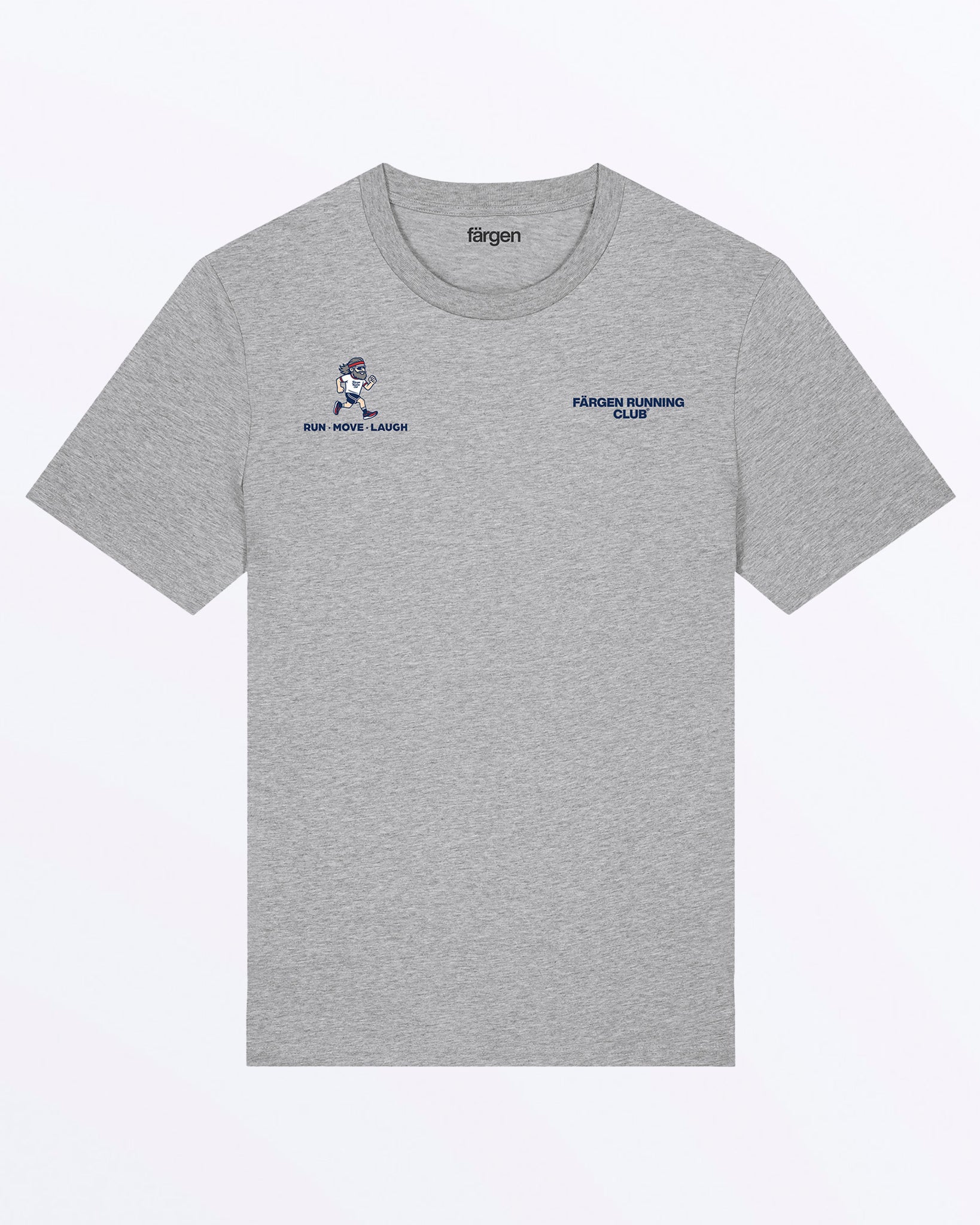 Camiseta gris Färgen Running Club con diseño delantero de Johnny Routes RUN MOVE LAUGH y logotipo en el pecho.