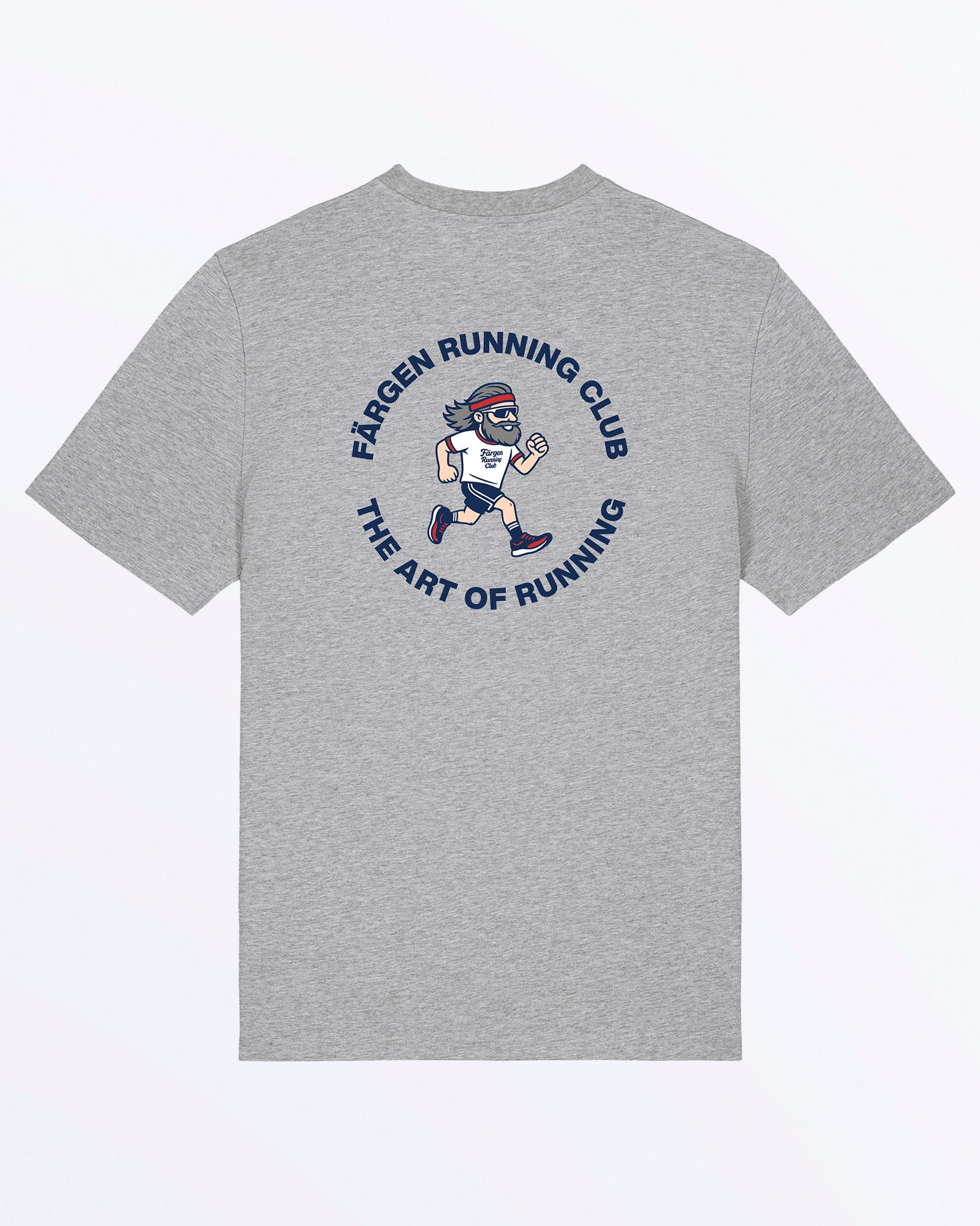 Camiseta gris Färgen Running Club con ilustración trasera del corredor y texto “The Art of Running”