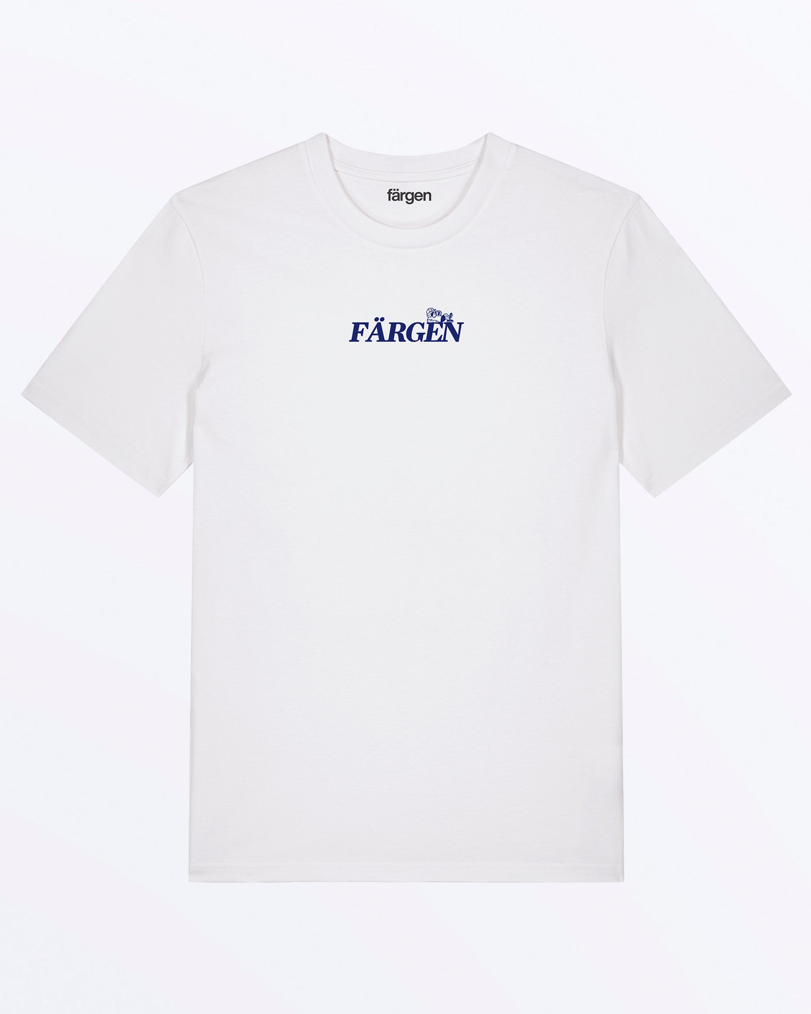 Camiseta blanca Färgen Your Pace Your Race con logotipo Färgen y personaje en azul en el pecho.