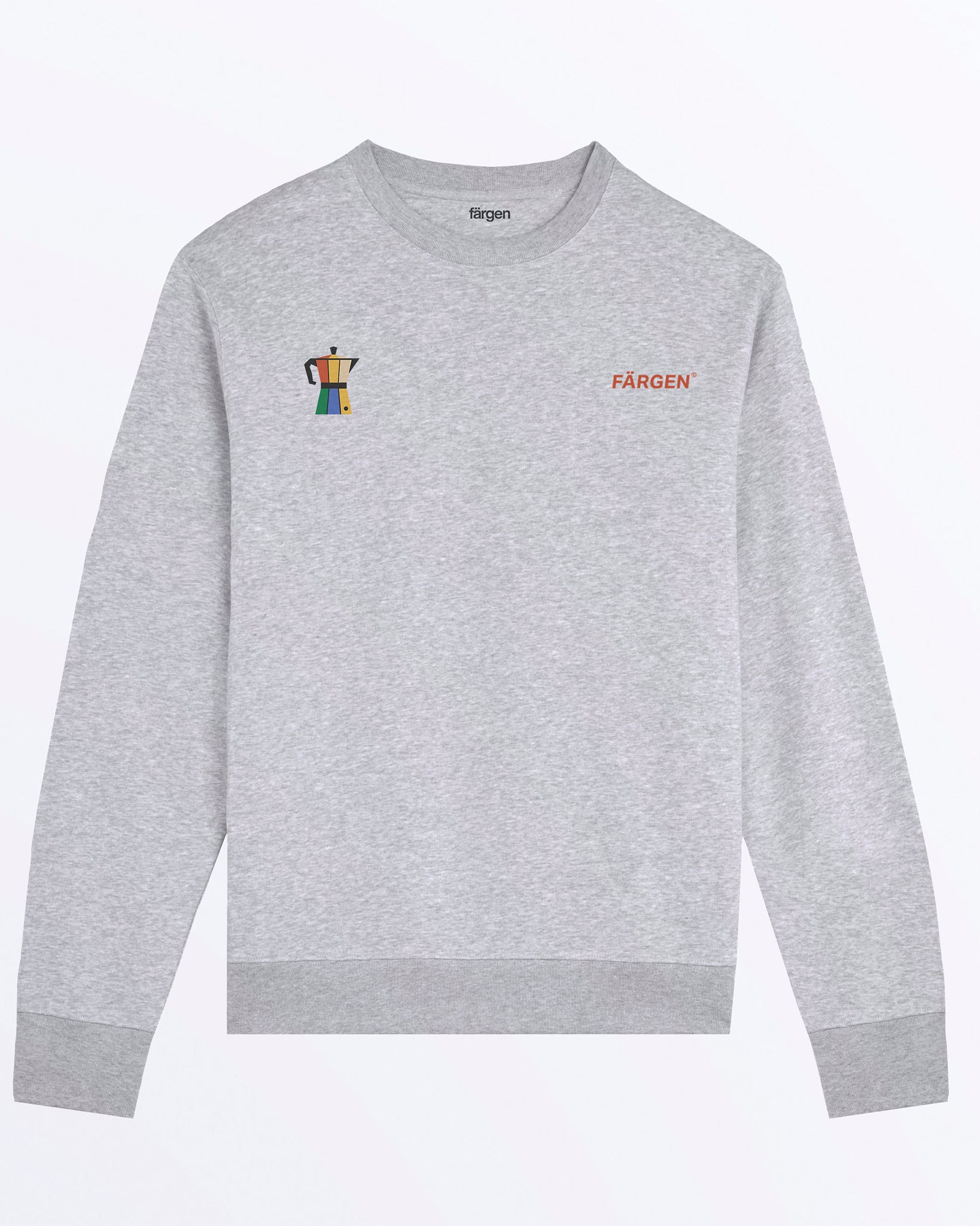 Sudadera gris jaspeada Färgen Il Caffè di Casa con logotipo Färgen y cafetera de colores en el pecho.