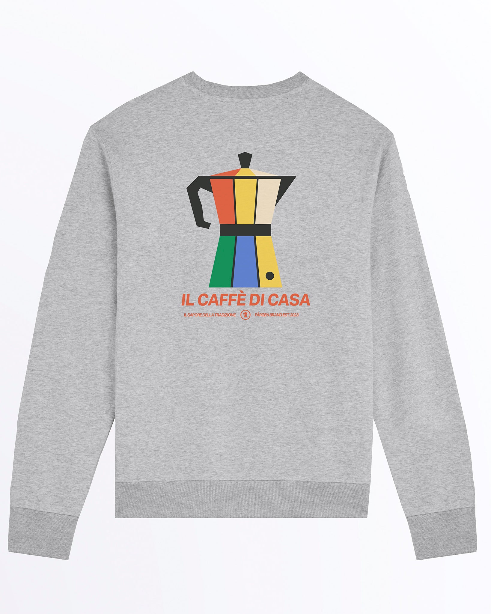 udadera gris jaspeada Färgen Il Caffè di Casa con ilustración grande de cafetera italiana y texto Il Caffè di Casa en la espalda.