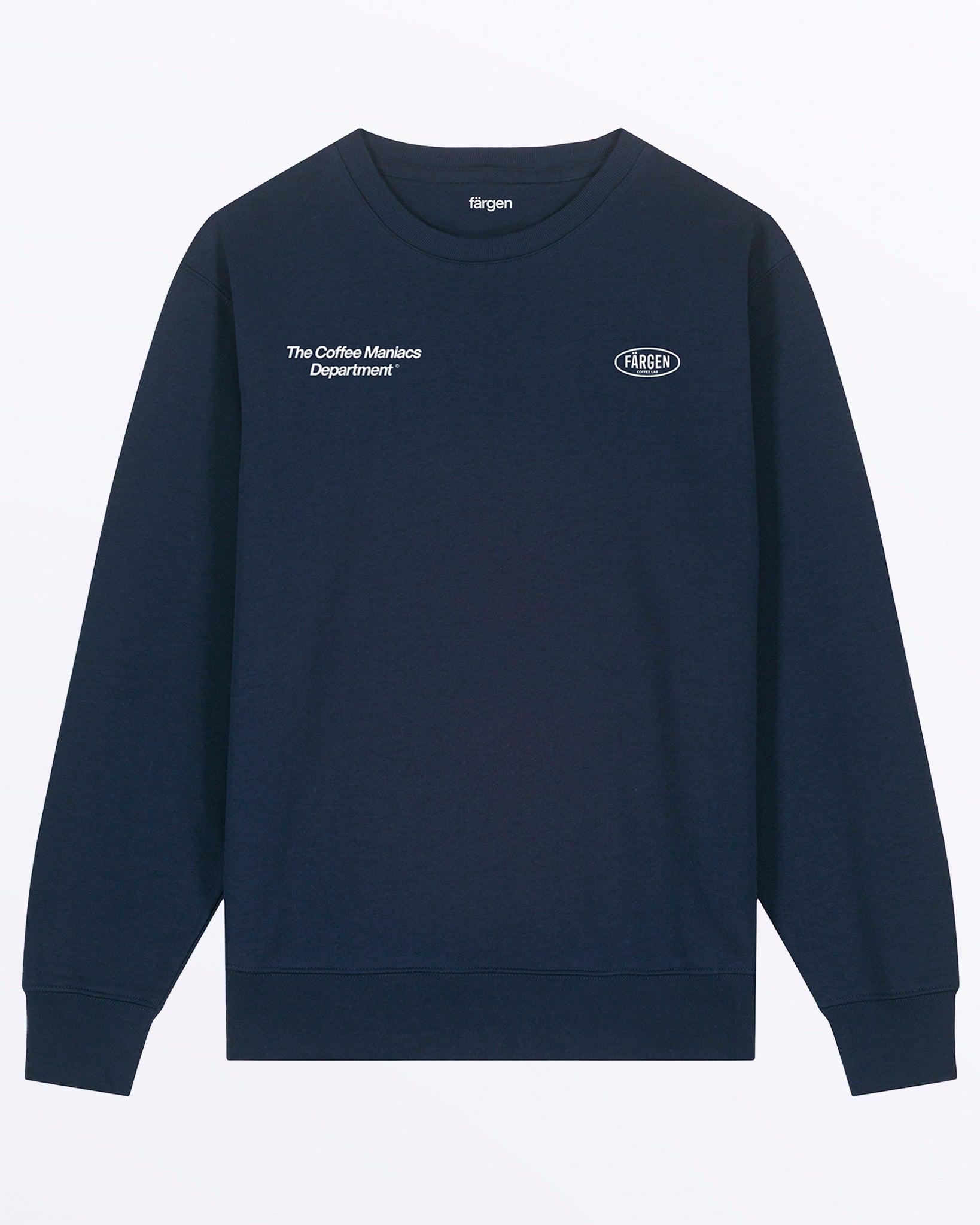 Sudadera azul marino Färgen The Coffee Maniacs Dept con logotipo Färgen Coffee Lab y texto en el pecho.