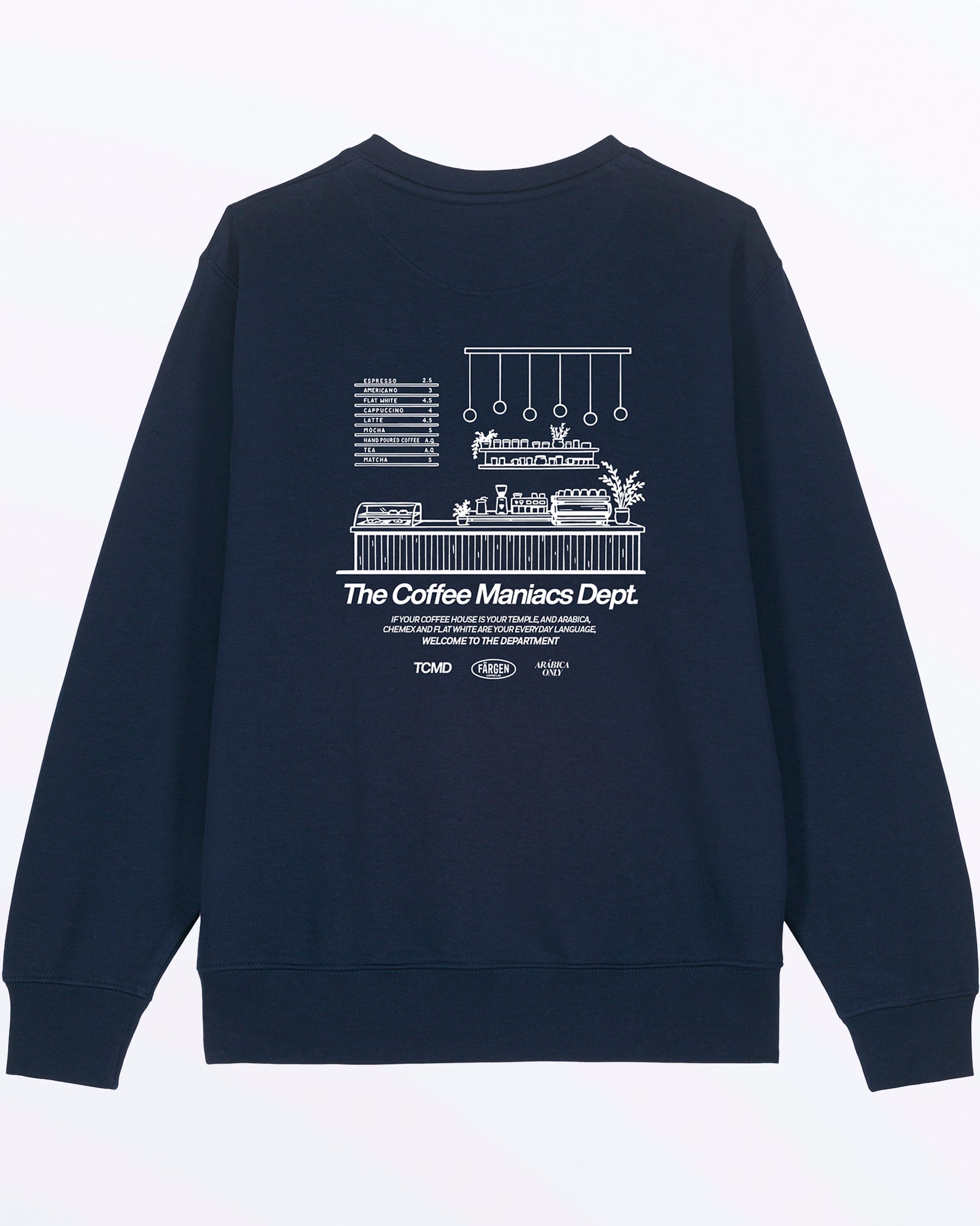 Sudadera azul marino Färgen The Coffee Maniacs Dept con ilustración de barra de cafetería y texto blanco en la espalda.