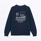 Sudadera azul marino Färgen The Coffee Maniacs Dept con ilustración de barra de cafetería y texto blanco en la espalda.