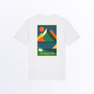 Parte trasera de la camiseta Färgen Outdoor Life con gráfico outdoor minimalista para aventuras al aire libre. Dibujo estilo Bauhaus de Montañas y lagos. Colores Bauhaus.