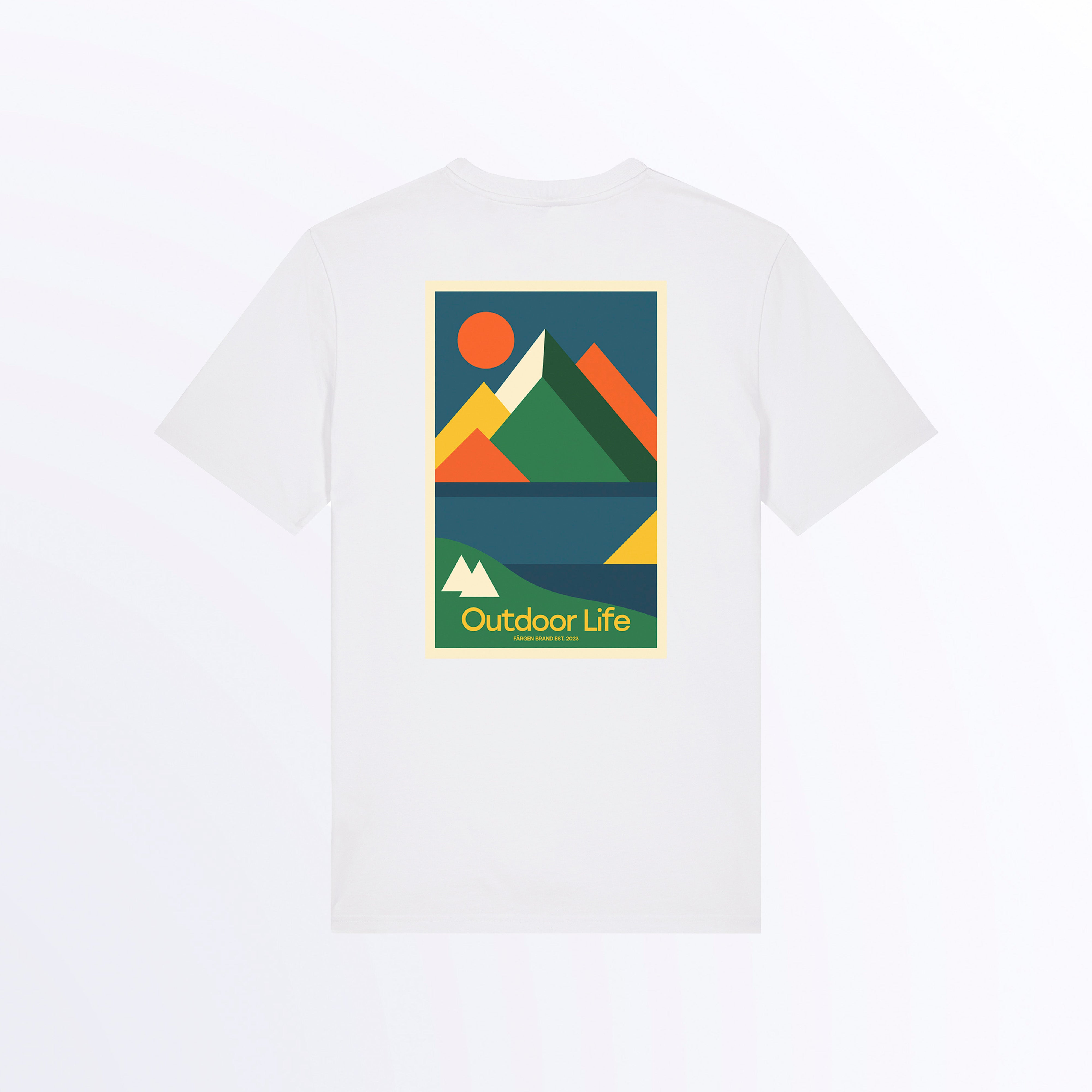 Parte trasera de la camiseta Färgen Outdoor Life con gráfico outdoor minimalista para aventuras al aire libre. Dibujo estilo Bauhaus de Montañas y lagos. Colores Bauhaus.
