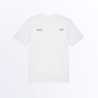 Camiseta Färgen Sunday Early Risers Club unisex de algodón orgánico, diseño minimalista para madrugadores y amantes de la montaña y el café. Parte frontal, logos en burdeos y camiseta blanca.