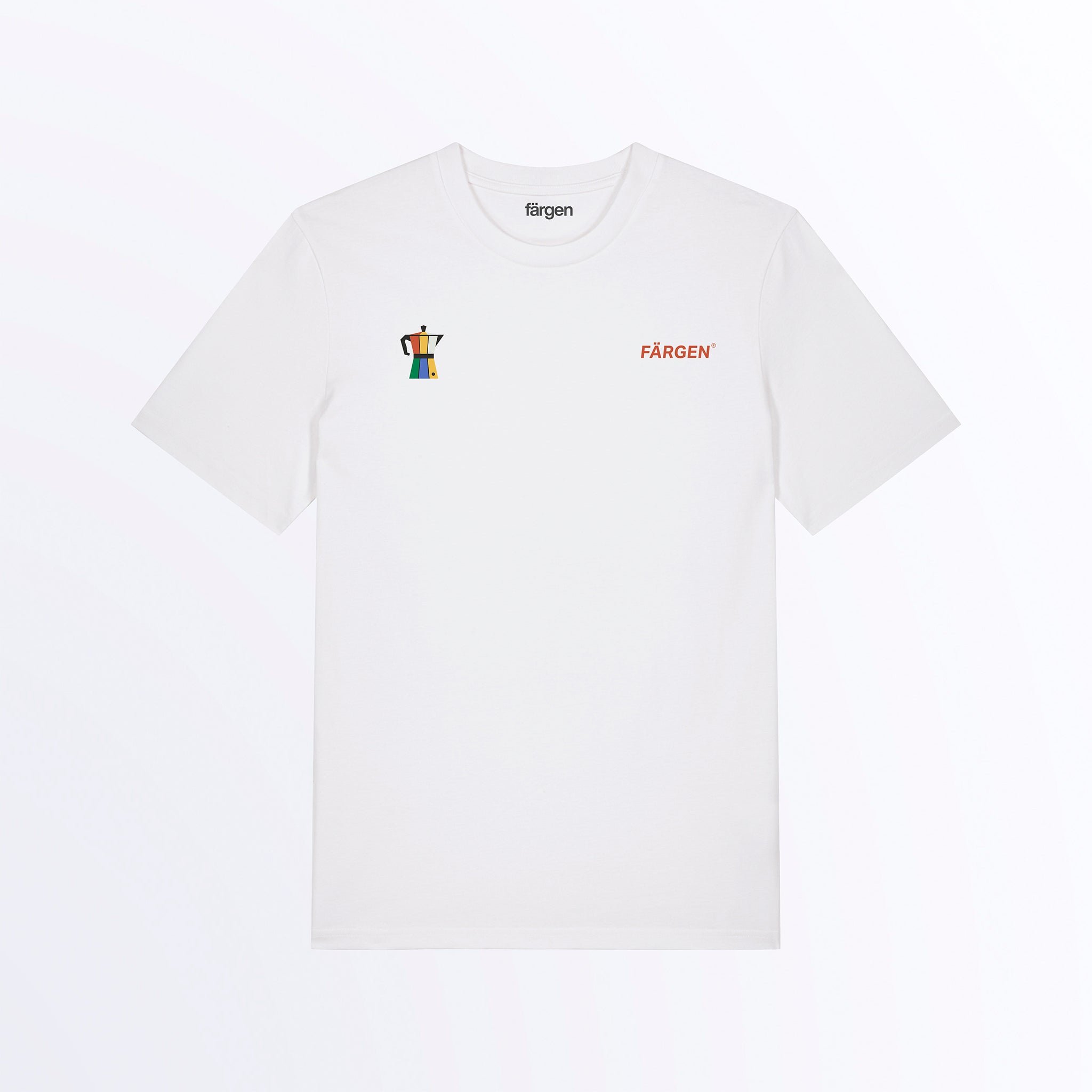 Camiseta blanca Färgen Il Caffè di Casa con logotipo Färgen y cafetera italiana moka de colores en el pecho.