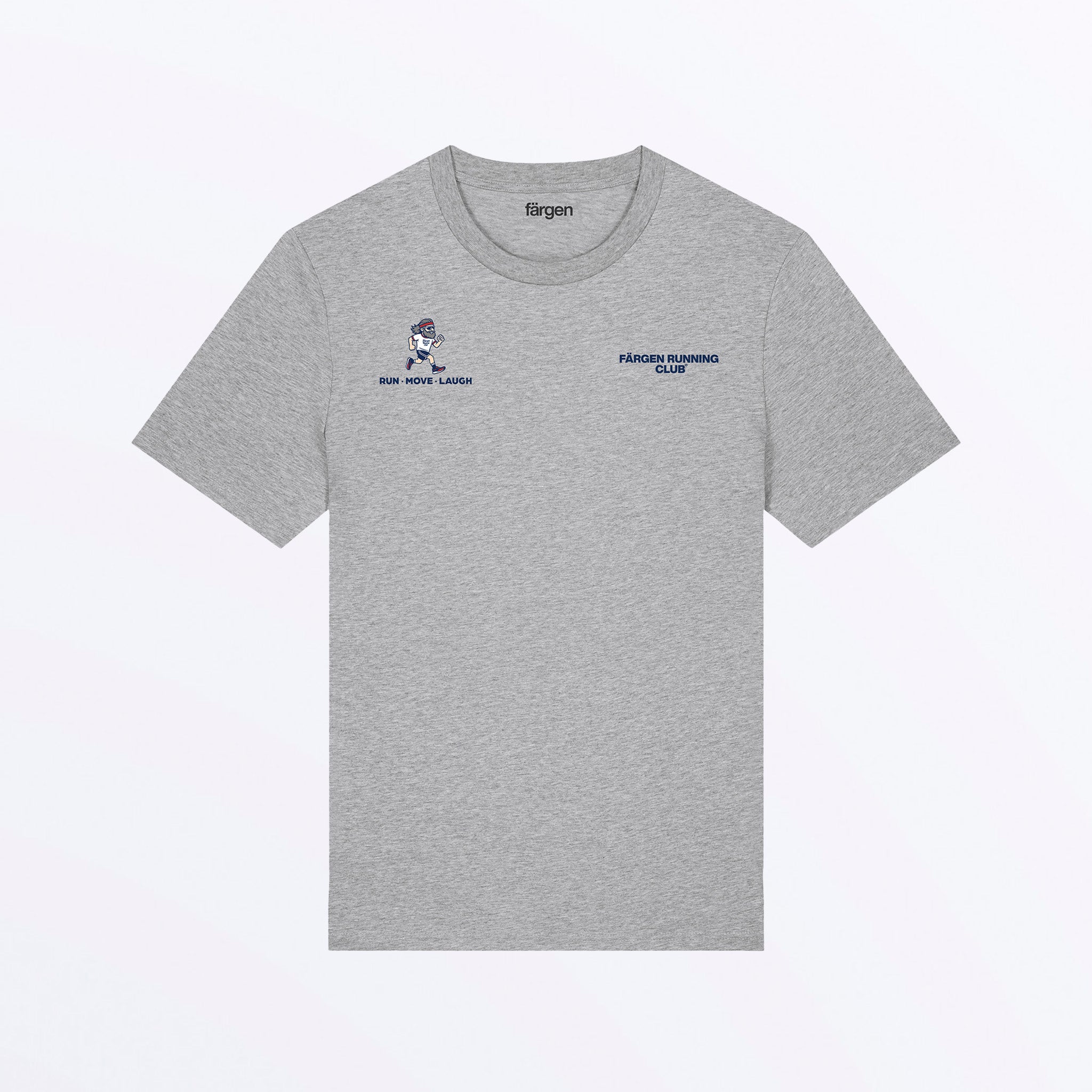 Camiseta gris Färgen Running Club con diseño delantero de Johnny Routes RUN MOVE LAUGH y logotipo en el pecho.