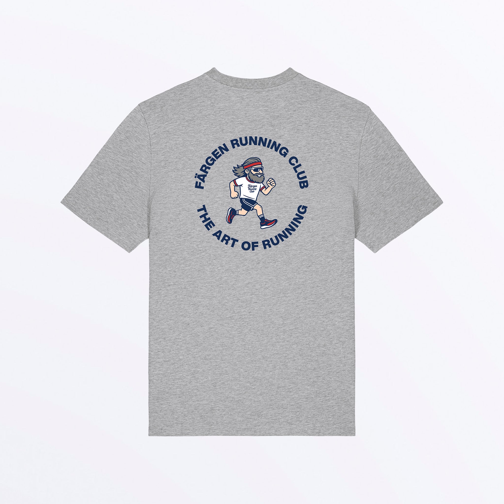 Camiseta gris Färgen Running Club con ilustración trasera del corredor y texto “The Art of Running”