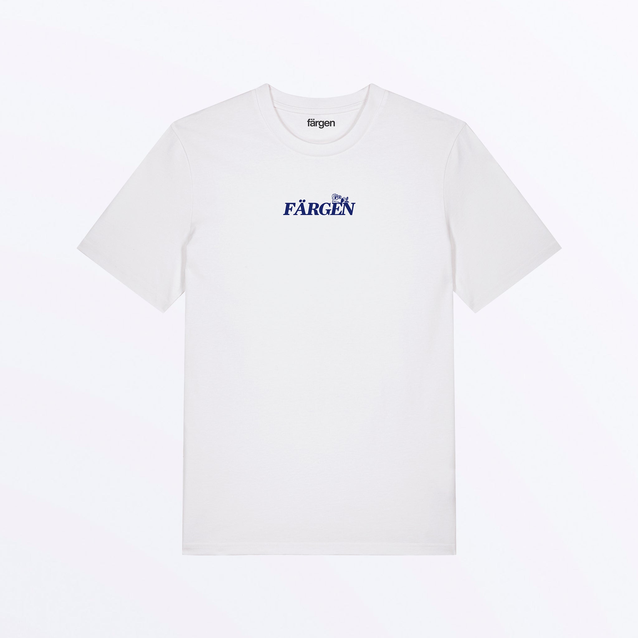 Camiseta blanca Färgen Your Pace Your Race con logotipo Färgen y personaje en azul en el pecho.