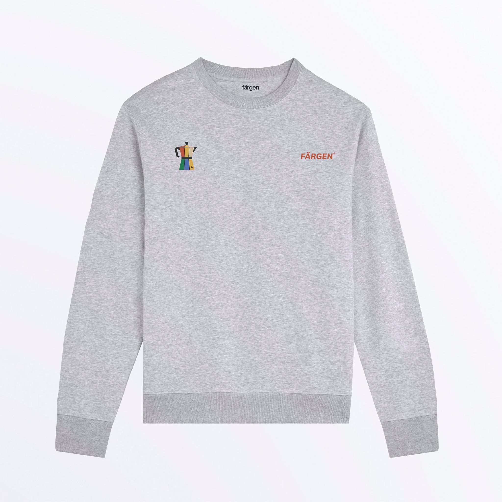 Sudadera gris jaspeada Färgen Il Caffè di Casa con logotipo Färgen y cafetera de colores en el pecho.