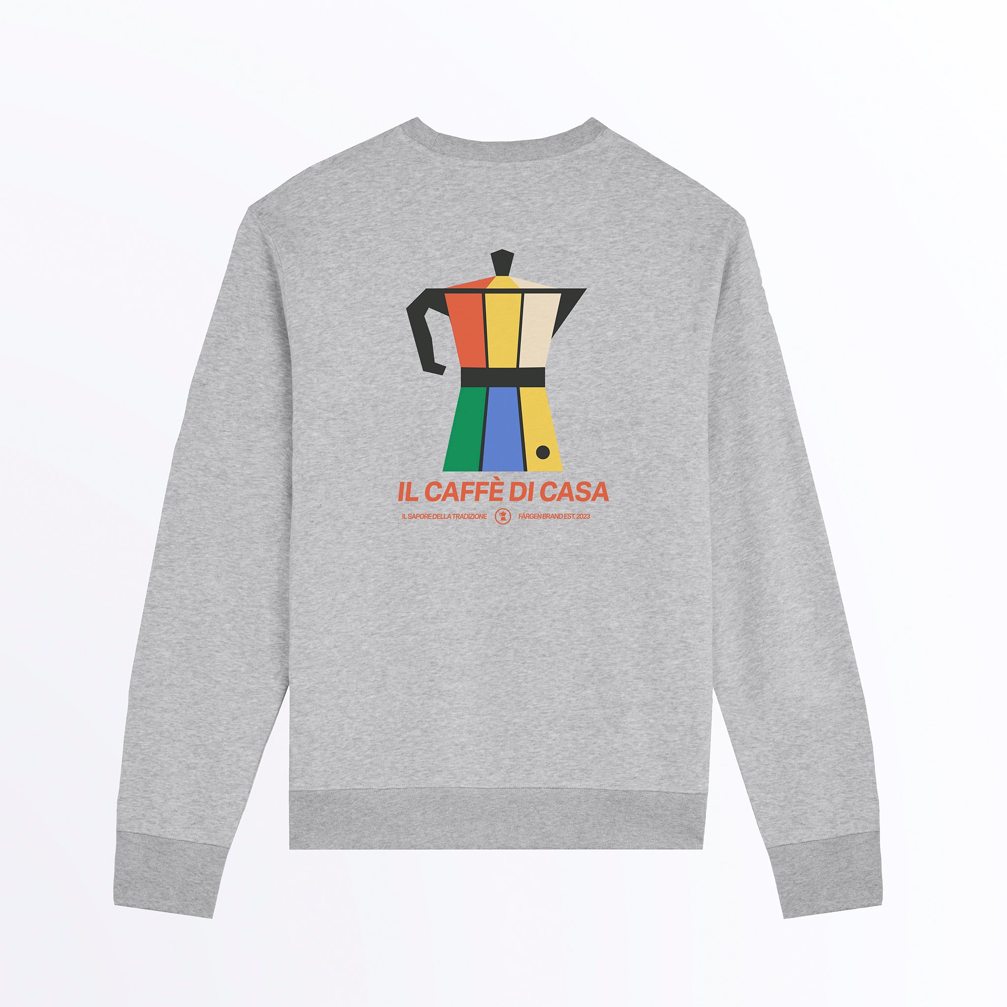 udadera gris jaspeada Färgen Il Caffè di Casa con ilustración grande de cafetera italiana y texto Il Caffè di Casa en la espalda.