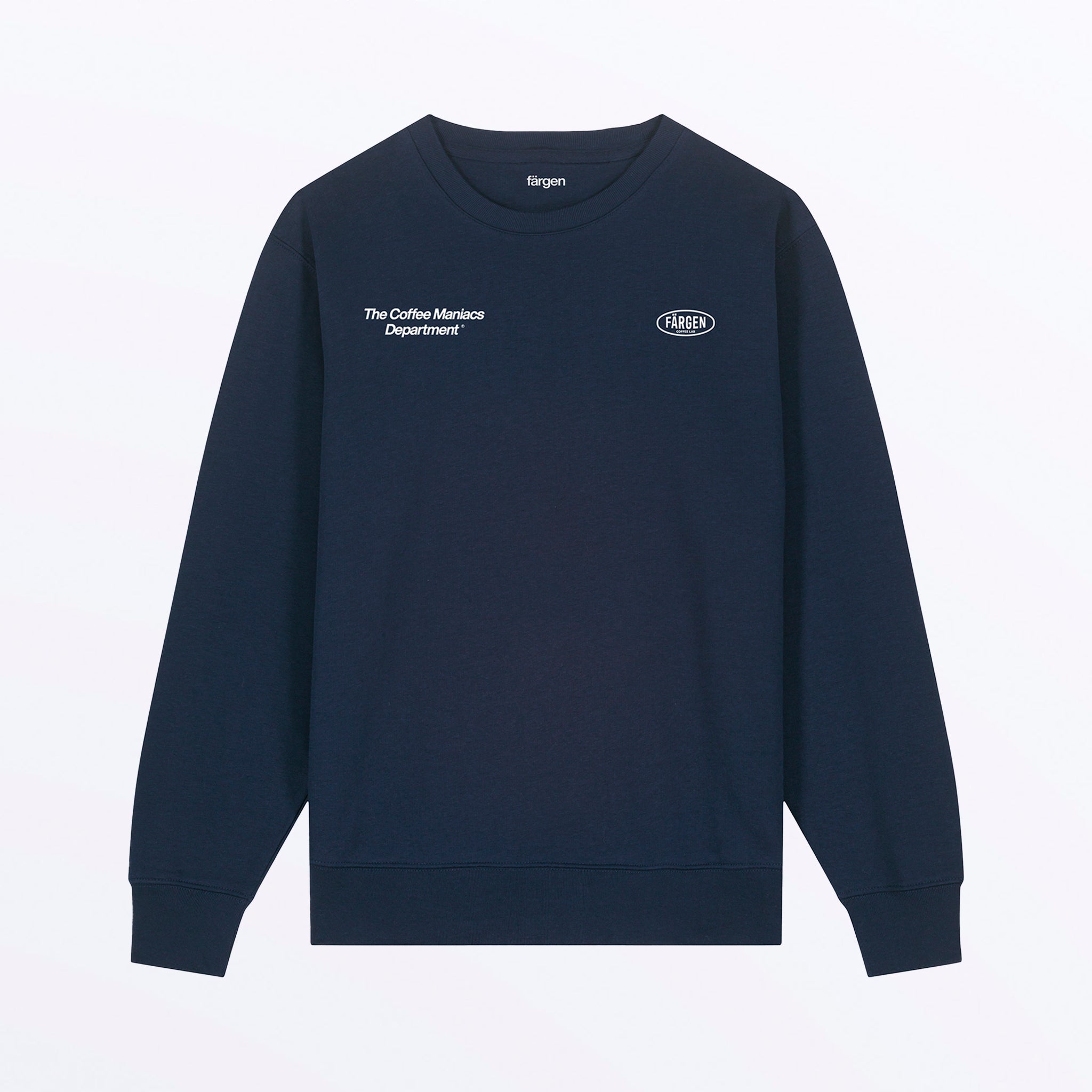 Sudadera azul marino Färgen The Coffee Maniacs Dept con logotipo Färgen Coffee Lab y texto en el pecho.