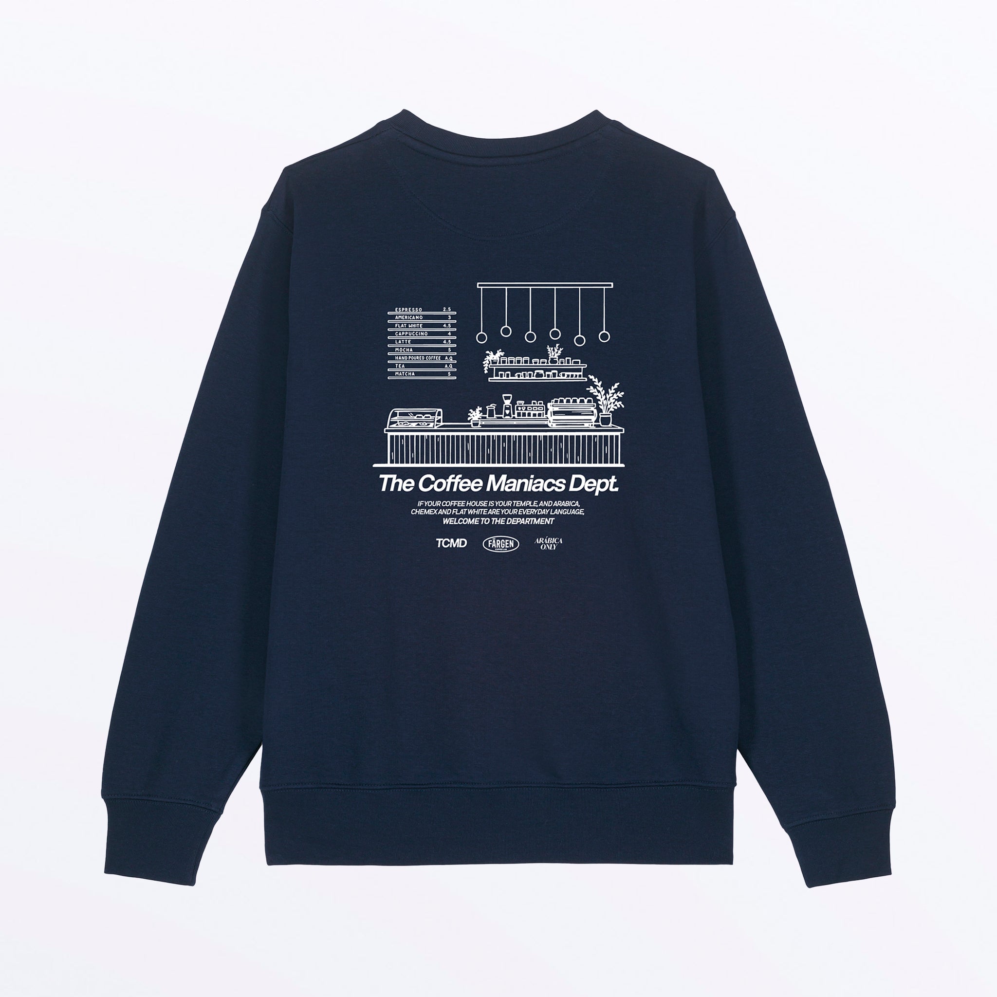 Sudadera azul marino Färgen The Coffee Maniacs Dept con ilustración de barra de cafetería y texto blanco en la espalda.